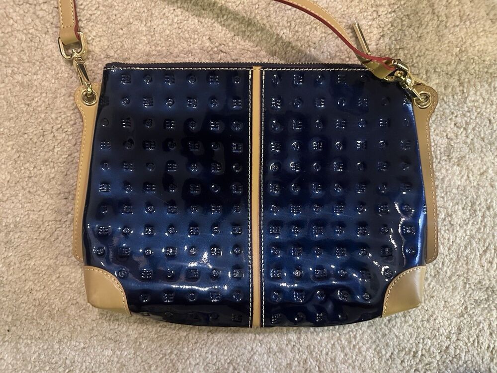 Arcadia Italy Royal Blue Patent Leather Crossbody Bag Embossed Logo Adjustable